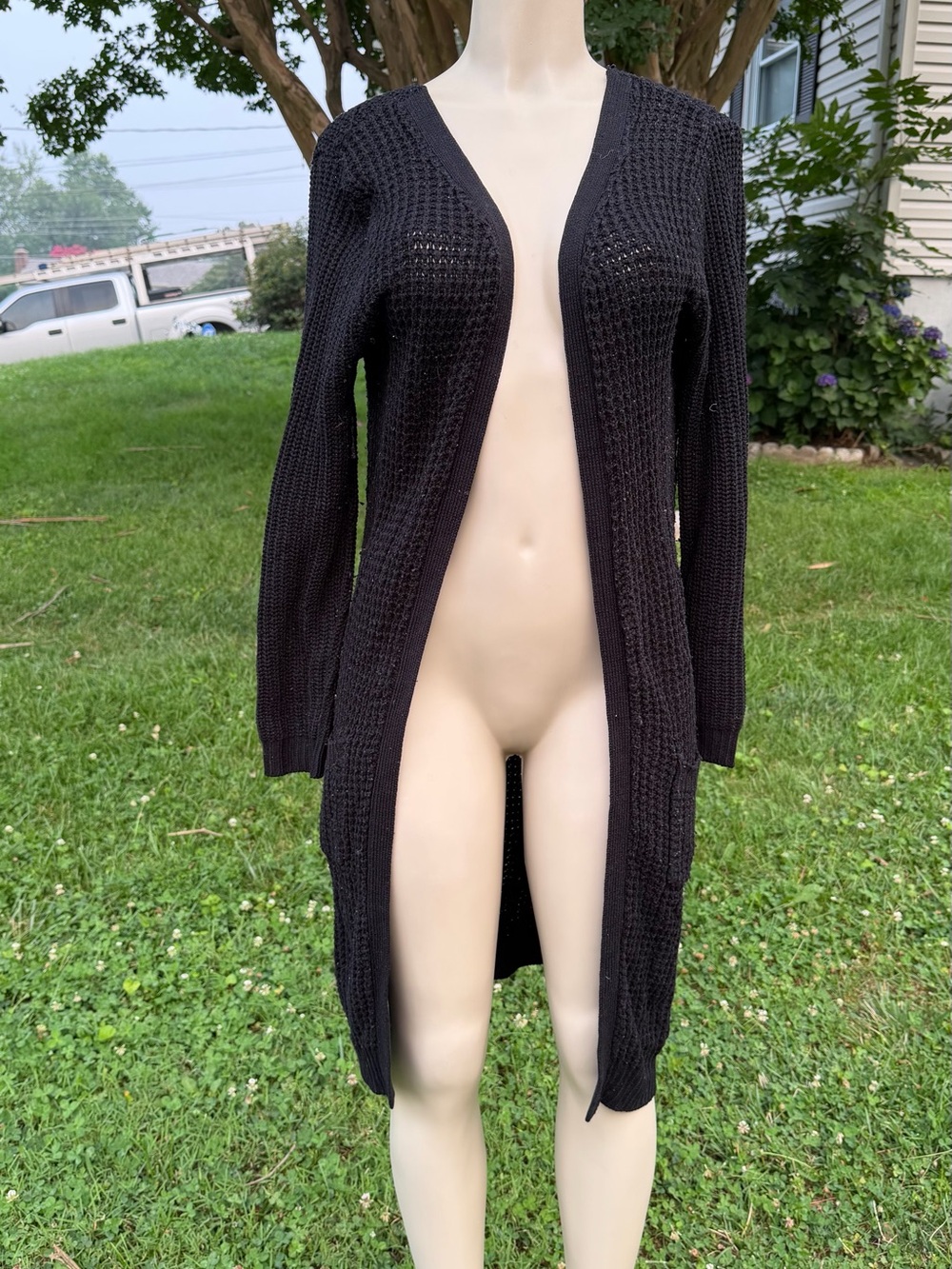 Papaya Black Open-Front Long Knit Cardigan